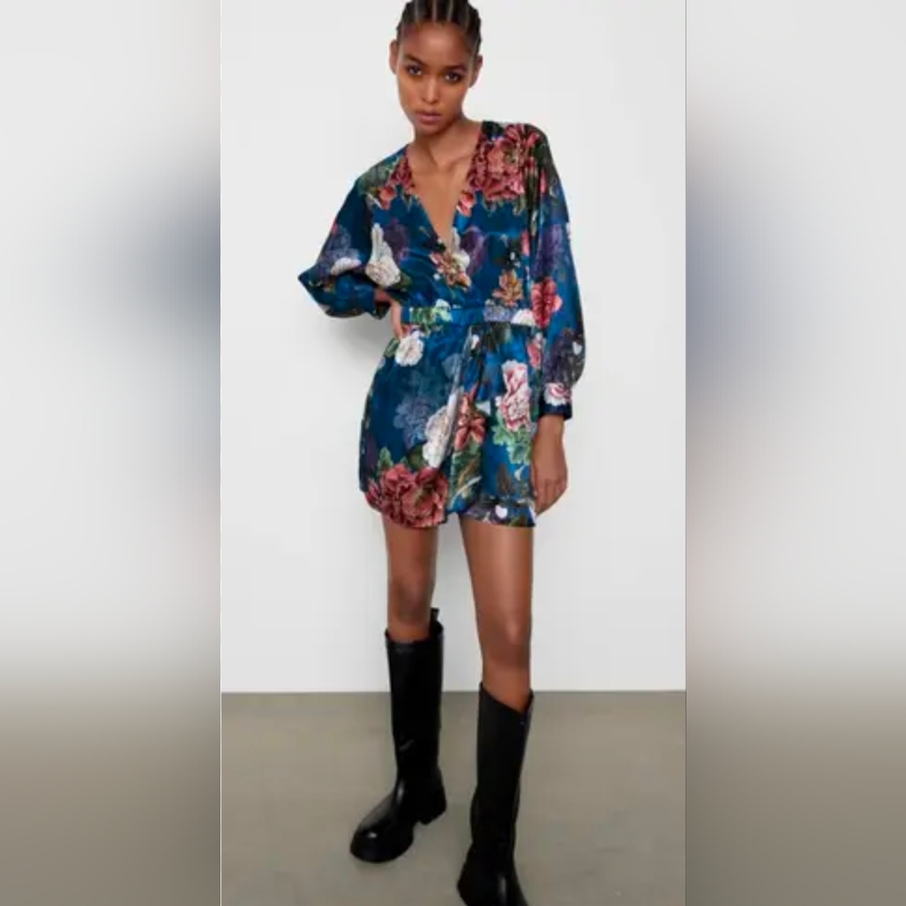 Zara Blue Satin Floral Puff Sleeve Festival Romper Jumpsuit XL Maximalism